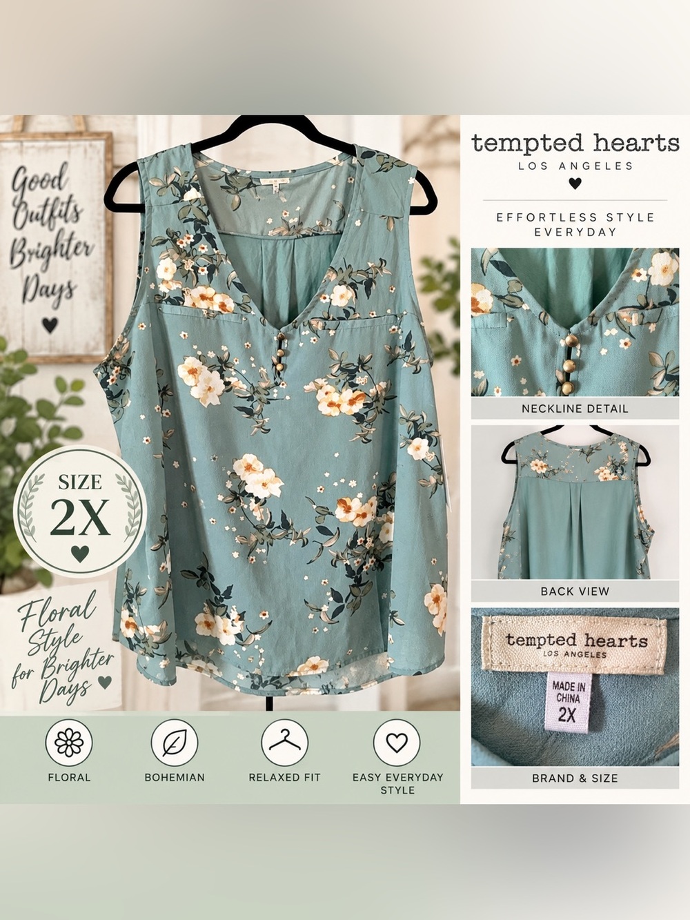 TEMPTED HEARTS FLORAL V-NECK BUTTON DETAIL TANK TOP • SIZE 2X